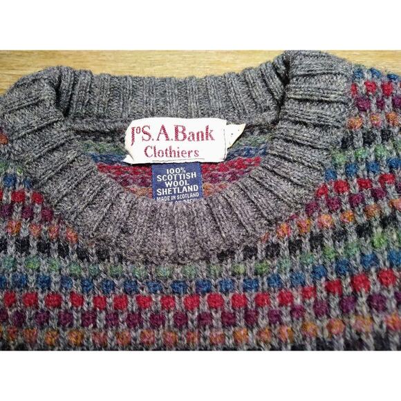 Vintage Jos A Bank Sweater Scottish Wool Shetland Nordic Isle 80s XL VTG - Picture 3 of 4